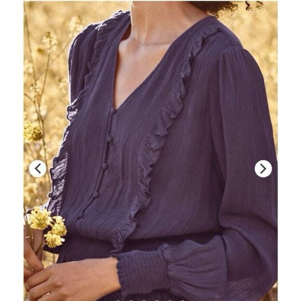 Garnet Hill Ruffle Crepe Plum Purple Peasant Long Sleeve Midi Dress Large - Picture 2 of 10